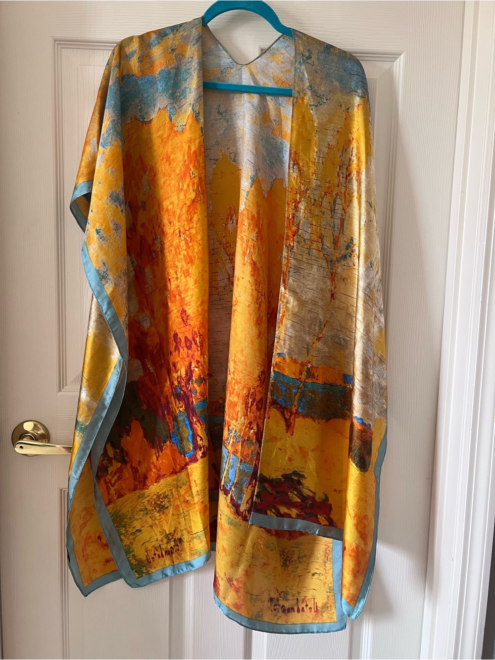 Lightweight Satin Feel Yellow & Blue Abstract Women's Kimono / Coverup OS NWOT